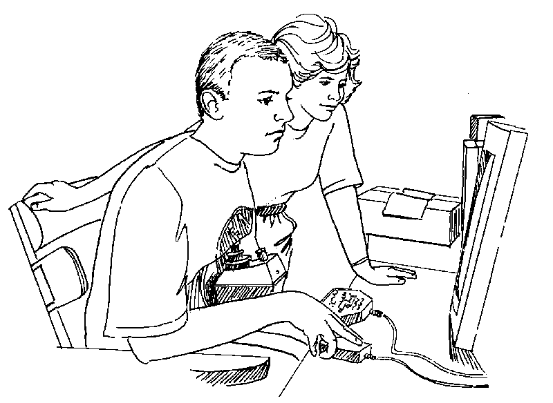 drawing of people at computer